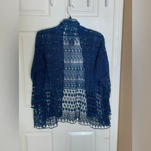 Johnny Was Crochet Lace Open Cardigan Waterfall Blue Crochet Hem sz M​​​​​​​​
