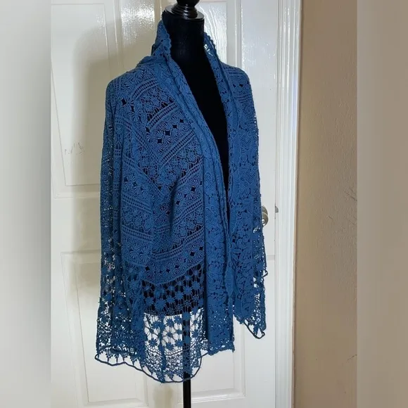 Johnny Was Crochet Lace Open Cardigan Waterfall Blue Crochet Hem sz M​​​​​​​​