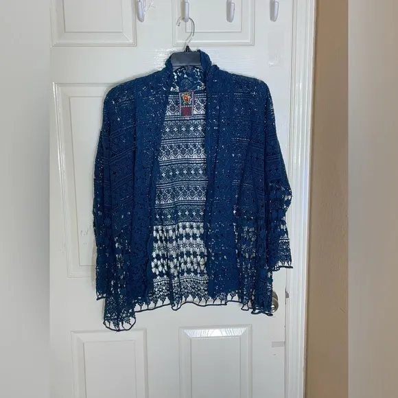 Johnny Was Crochet Lace Open Cardigan Waterfall Blue Crochet Hem sz M​​​​​​​​