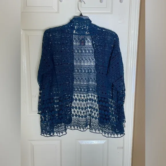 Johnny Was Crochet Lace Open Cardigan Waterfall Blue Crochet Hem sz M​​​​​​​​