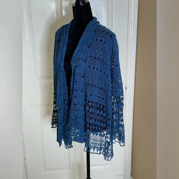 Johnny Was Crochet Lace Open Cardigan Waterfall Blue Crochet Hem sz M​​​​​​​​