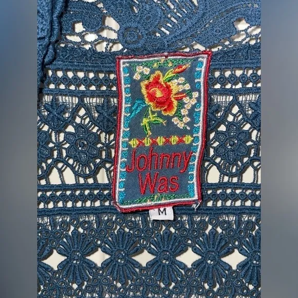 Johnny Was Crochet Lace Open Cardigan Waterfall Blue Crochet Hem sz M​​​​​​​​