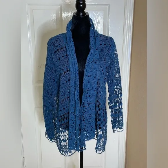 Johnny Was Crochet Lace Open Cardigan Waterfall Blue Crochet Hem sz M​​​​​​​​