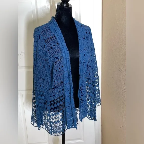 Johnny Was Crochet Lace Open Cardigan Waterfall Blue Crochet Hem sz M​​​​​​​​