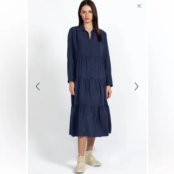 JOHNNY WAS Tiered Wanderer Dress Silk Blue Size Medium