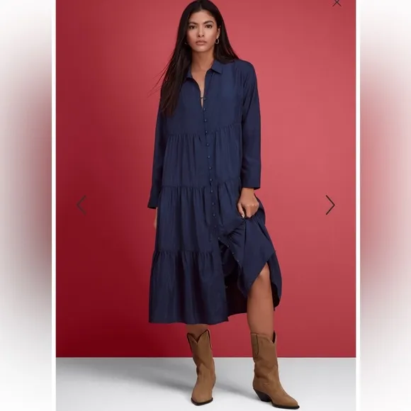 JOHNNY WAS Tiered Wanderer Dress Silk Blue Size Medium