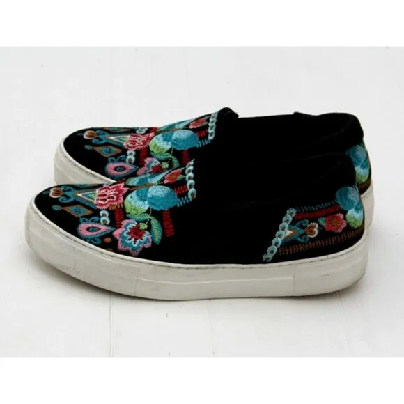 Johnny Was Vinny Butterfly Black Embroidered Slip On Loafers US 8.5 EU 39 READ