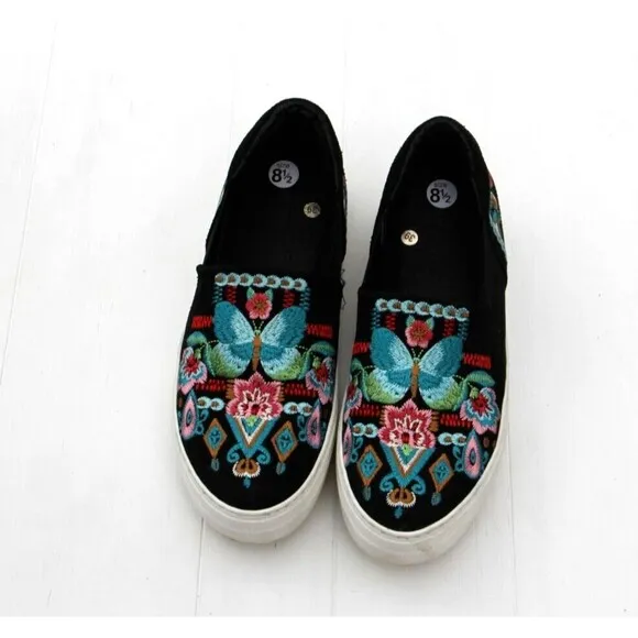 Johnny Was Vinny Butterfly Black Embroidered Slip On Loafers US 8.5 EU 39 READ