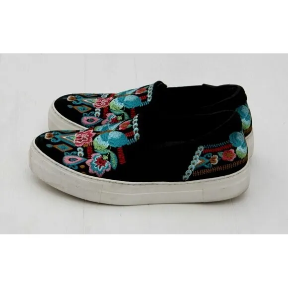 Johnny Was Vinny Butterfly Black Embroidered Slip On Loafers US 8.5 EU 39 READ