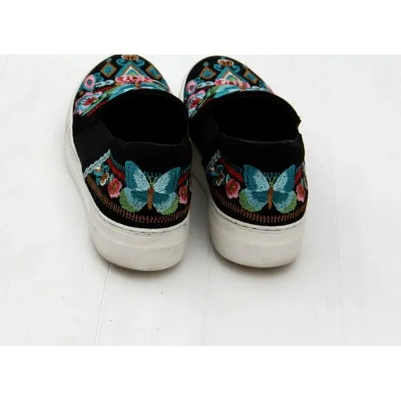 Johnny Was Vinny Butterfly Black Embroidered Slip On Loafers US 8.5 EU 39 READ