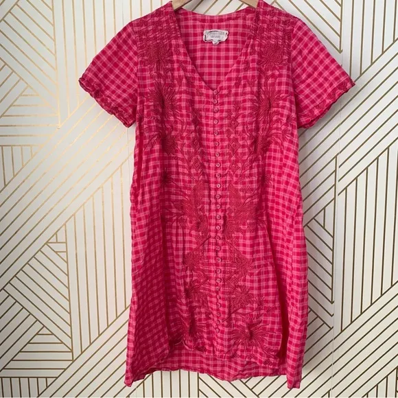 Johnny Was workshop Devere Breezy Embroidered Dress Pink Plaid gingham crochet