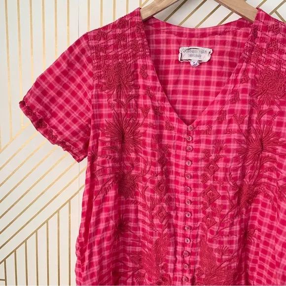 Johnny Was workshop Devere Breezy Embroidered Dress Pink Plaid gingham crochet