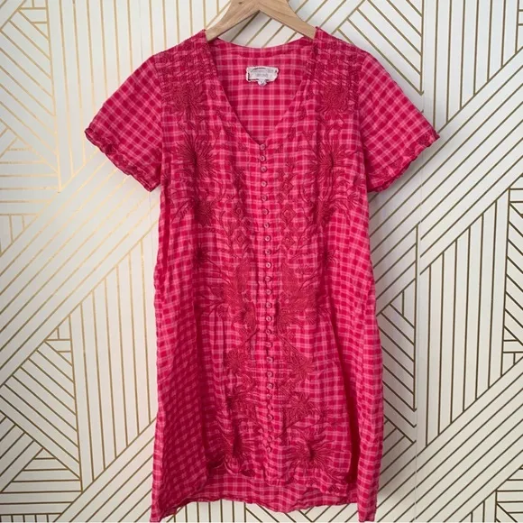 Johnny Was workshop Devere Breezy Embroidered Dress Pink Plaid gingham crochet