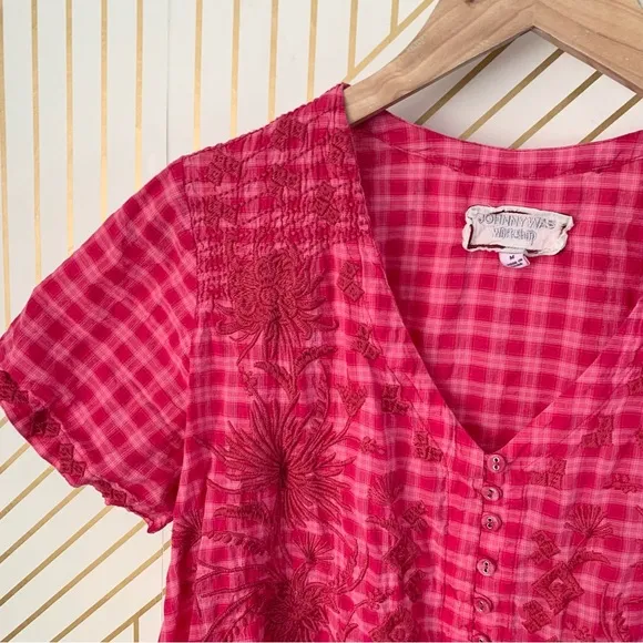 Johnny Was workshop Devere Breezy Embroidered Dress Pink Plaid gingham crochet