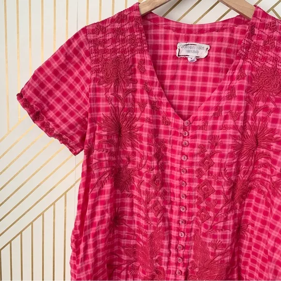 Johnny Was workshop Devere Breezy Embroidered Dress Pink Plaid gingham crochet