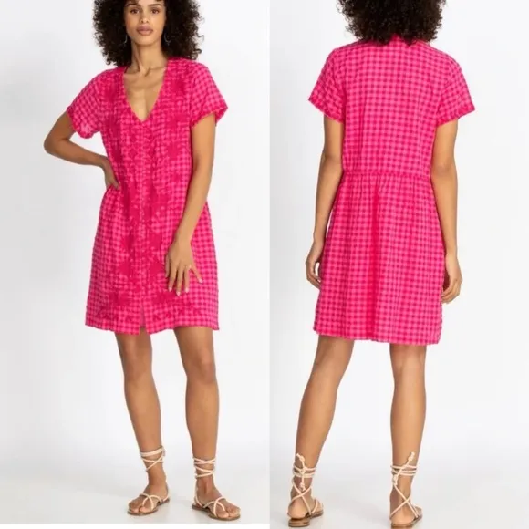 Johnny Was workshop Devere Breezy Embroidered Dress Pink Plaid gingham crochet