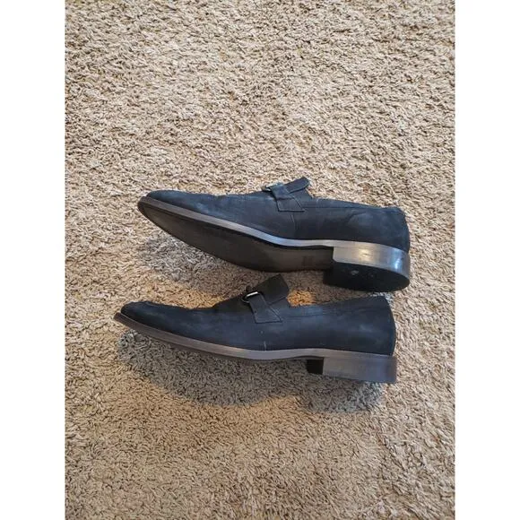 Johnston &amp; Murphy Everett black suede slip on loafer silver buckle mens 11