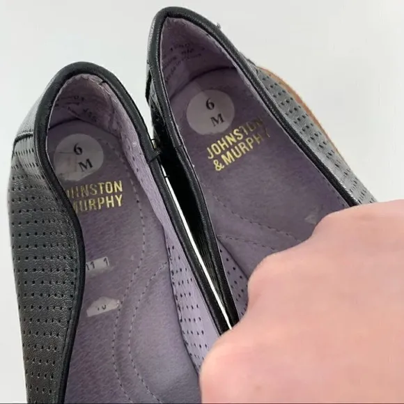 Johnston and Murphy flats sz 6 black laser cut leather flatform loafers academia