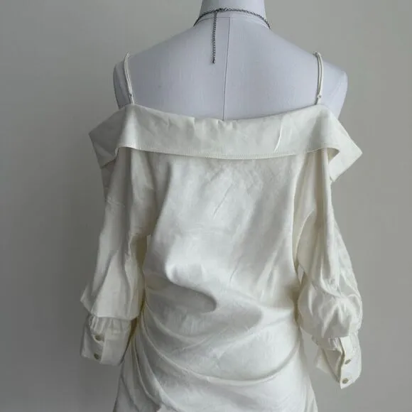 Jonathan Simkhai Shirt Dress Womens 10 Linen Blend Ruched Off Shoulder White