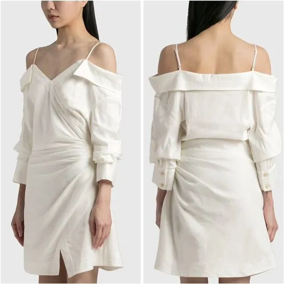 Jonathan Simkhai Shirt Dress Womens 10 Linen Blend Ruched Off Shoulder White
