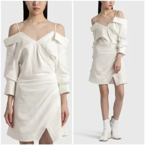 Jonathan Simkhai Shirt Dress Womens 10 Linen Blend Ruched Off Shoulder White