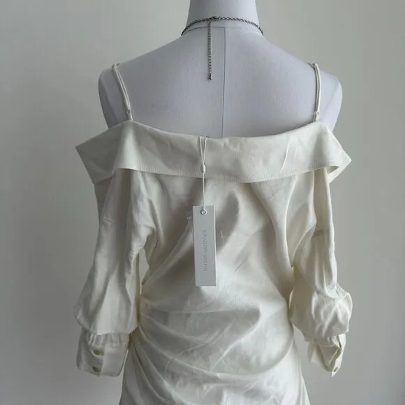 Jonathan Simkhai Shirt Dress Womens 10 Linen Blend Ruched Off Shoulder White