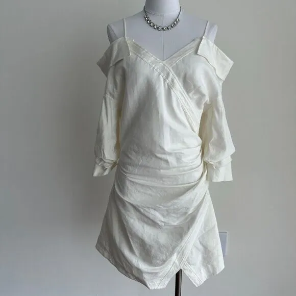 Jonathan Simkhai Shirt Dress Womens 10 Linen Blend Ruched Off Shoulder White