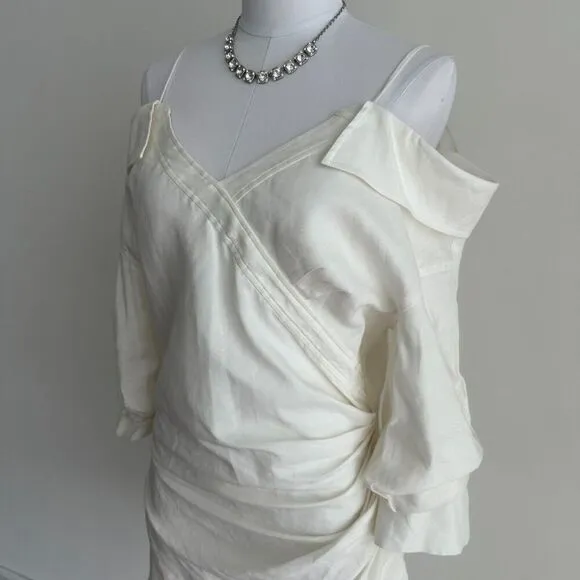 Jonathan Simkhai Shirt Dress Womens 10 Linen Blend Ruched Off Shoulder White