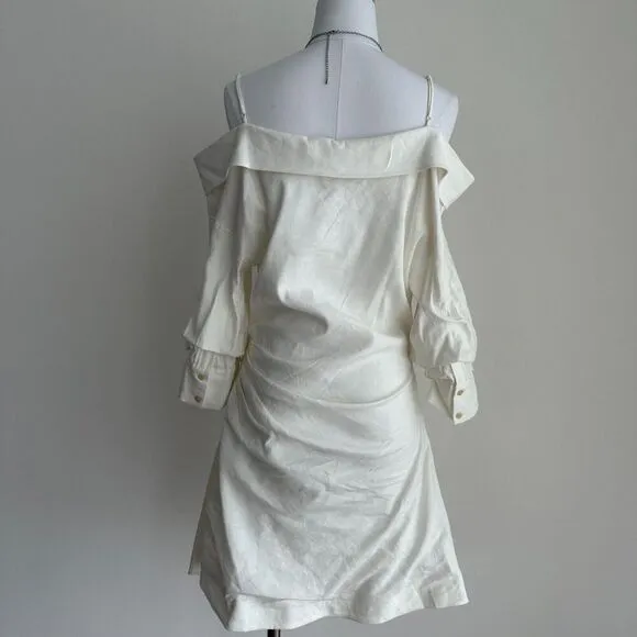 Jonathan Simkhai Shirt Dress Womens 10 Linen Blend Ruched Off Shoulder White