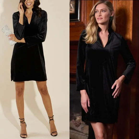 JUDE CONNALLY Kate stretch velvet mini tunic shift dress in black v-neck size