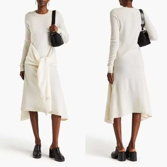 JW Anderson Cream Tie Front Wool Handkerchief Hem Midi Sweater Dress