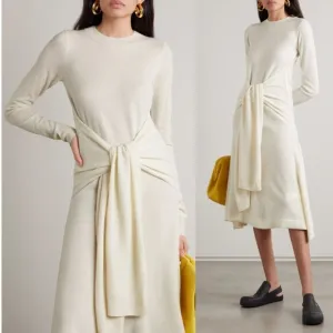 JW Anderson Cream Tie Front Wool Handkerchief Hem Midi Sweater Dress