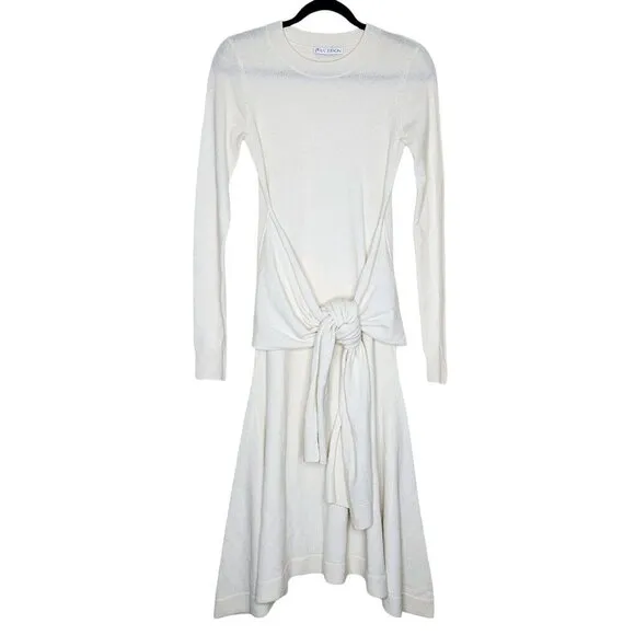 JW Anderson Cream Tie Front Wool Handkerchief Hem Midi Sweater Dress