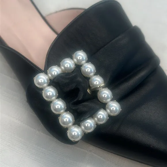 Kate Spade Broadway Black Leather Pearl Buckle Pointed Toe Slides/Mules size 9.5