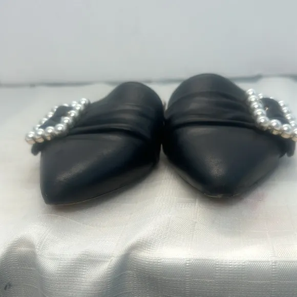 Kate Spade Broadway Black Leather Pearl Buckle Pointed Toe Slides/Mules size 9.5