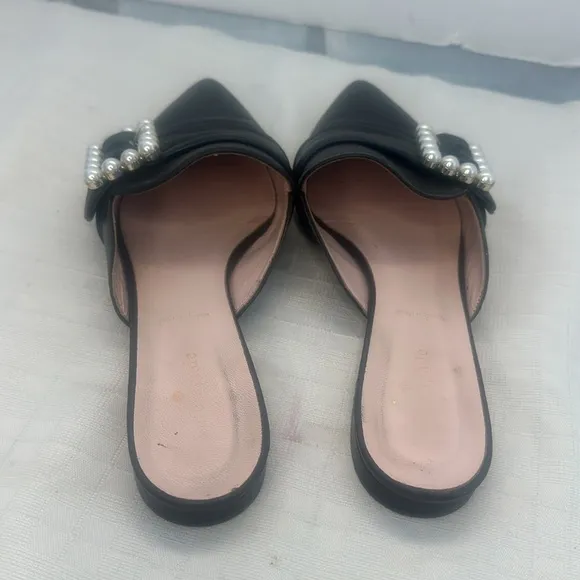 Kate Spade Broadway Black Leather Pearl Buckle Pointed Toe Slides/Mules size 9.5