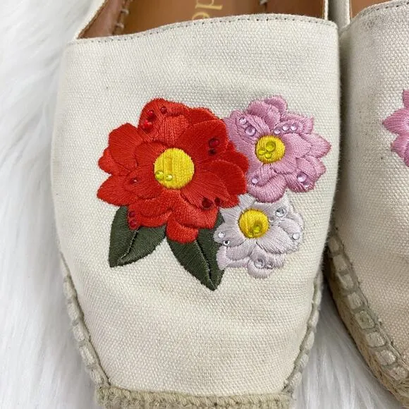 Kate Spade Cream Dahlia Espadrille Flat Loafers w Floral Embroidery Size 8.5