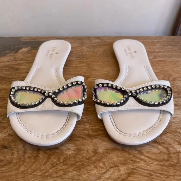 KATE SPADE Cute Slides Flats w/Glasses Rhinestones Iridescent Lenses Sz 7.5M NEW