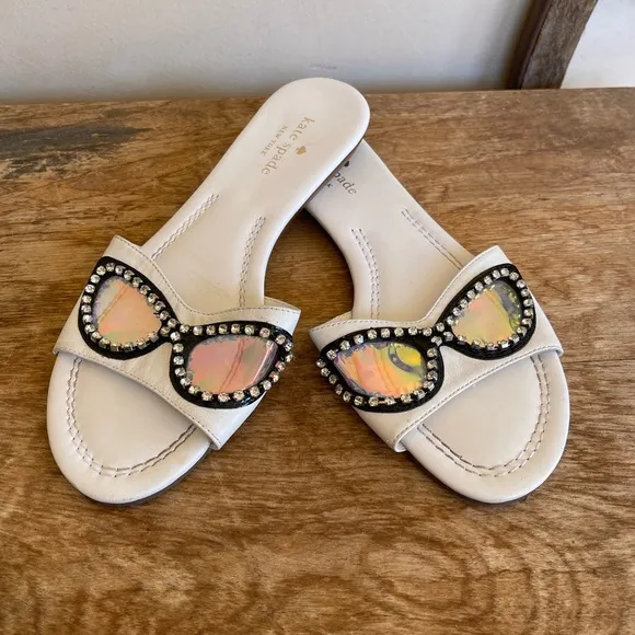 KATE SPADE Cute Slides Flats w/Glasses Rhinestones Iridescent Lenses Sz 7.5M NEW