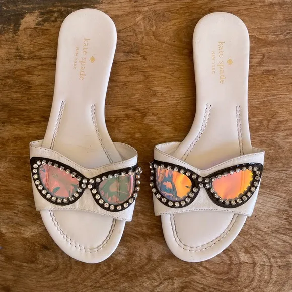 KATE SPADE Cute Slides Flats w/Glasses Rhinestones Iridescent Lenses Sz 7.5M NEW