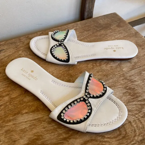 KATE SPADE Cute Slides Flats w/Glasses Rhinestones Iridescent Lenses Sz 7.5M NEW
