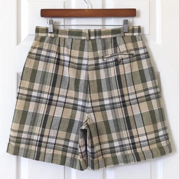 Kikomo 90's Vintage Plaid Linen Blend High Waisted Wide Leg Shorts Sage 13/14