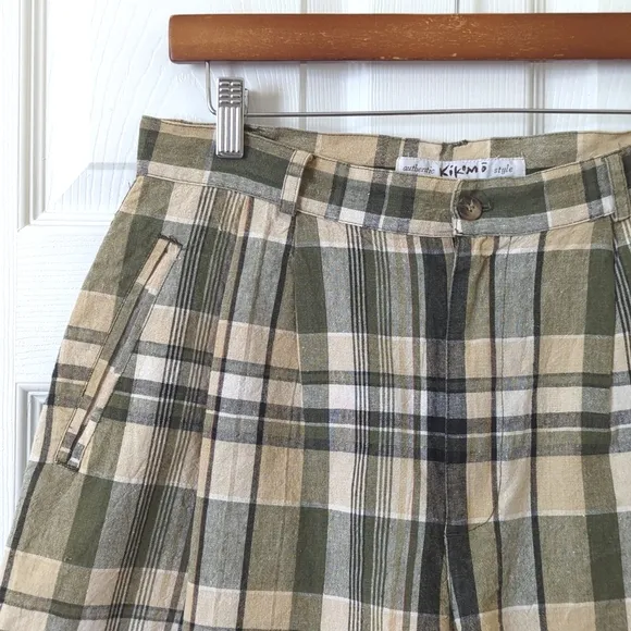 Kikomo 90's Vintage Plaid Linen Blend High Waisted Wide Leg Shorts Sage 13/14