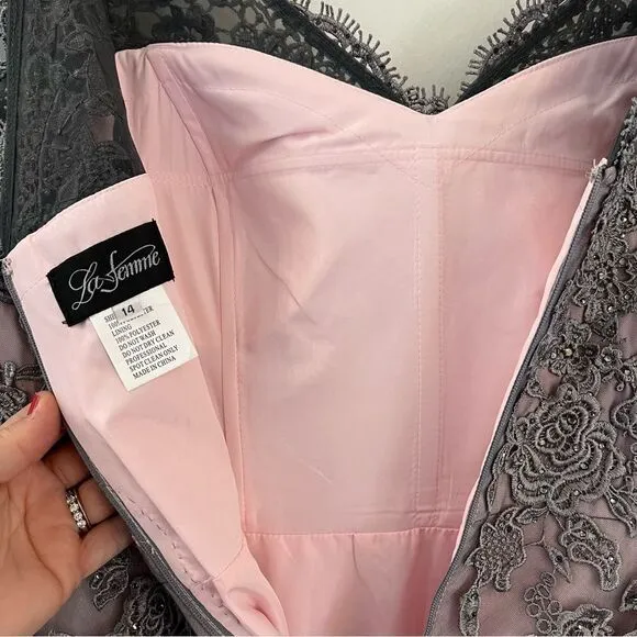 La Femme Two Tone Lace Tulle Pink and Gray Sequin Evening Gown #23449 Sz 14, NWT