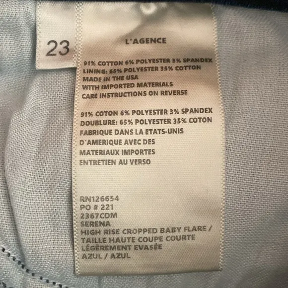 L’AGENCE Serena High Rise Cropped Baby Flare Jeans Size 23 in Azul NWOT