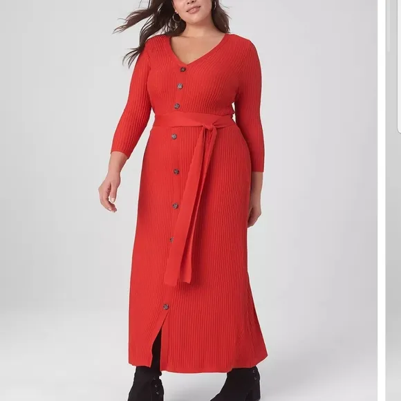 Lane Bryant Three Quarter Sleeve Button Front Red Maxi Sweater Dress Size 11 12