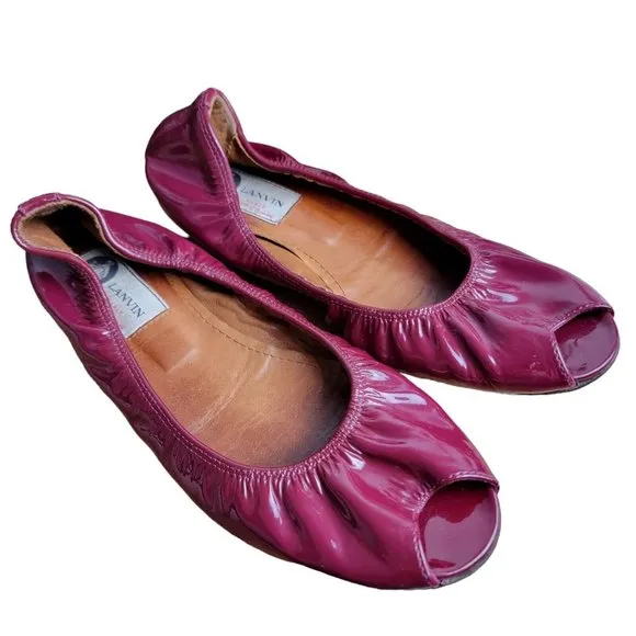 Lanvin Paris Burgandy Patent Leather Slip On Ballet Flats Shoes Size 37 EU 6 US