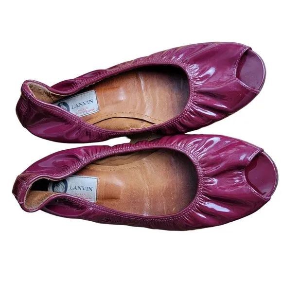 Lanvin Paris Burgandy Patent Leather Slip On Ballet Flats Shoes Size 37 EU 6 US
