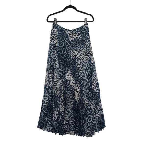 LAUNDRY BY SHELLI SEGAL Pleated Blue Gray Animal Print Midi Maxi Skirt 6 Small