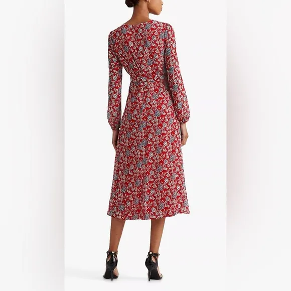 Lauren Ralph Lauren Puff-Sleeve Georgette Dress, Red/Blue Size 8